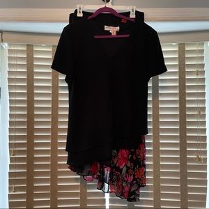 Coordinate biased cut skirt and top, black & roses